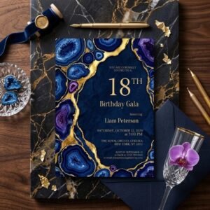 18th Birthday Invitation - Blue Gold Agate Editable Template