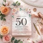 50th Birthday Invitation Floral Rose Gold Editable Template