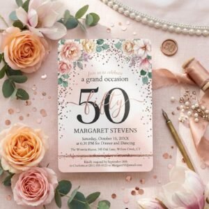 50th Birthday Invitation Floral Rose Gold Editable Template