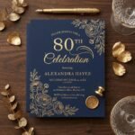 80th Birthday Invitation Navy Blue Gold Floral Template