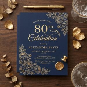 80th Birthday Invitation Navy Blue Gold Floral Template