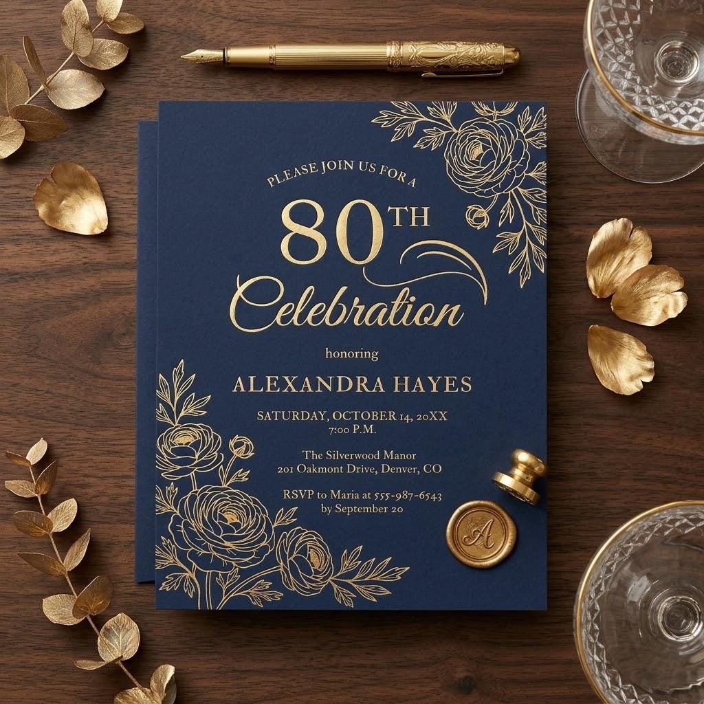 80th Birthday Invitation Navy Blue Gold Floral Template