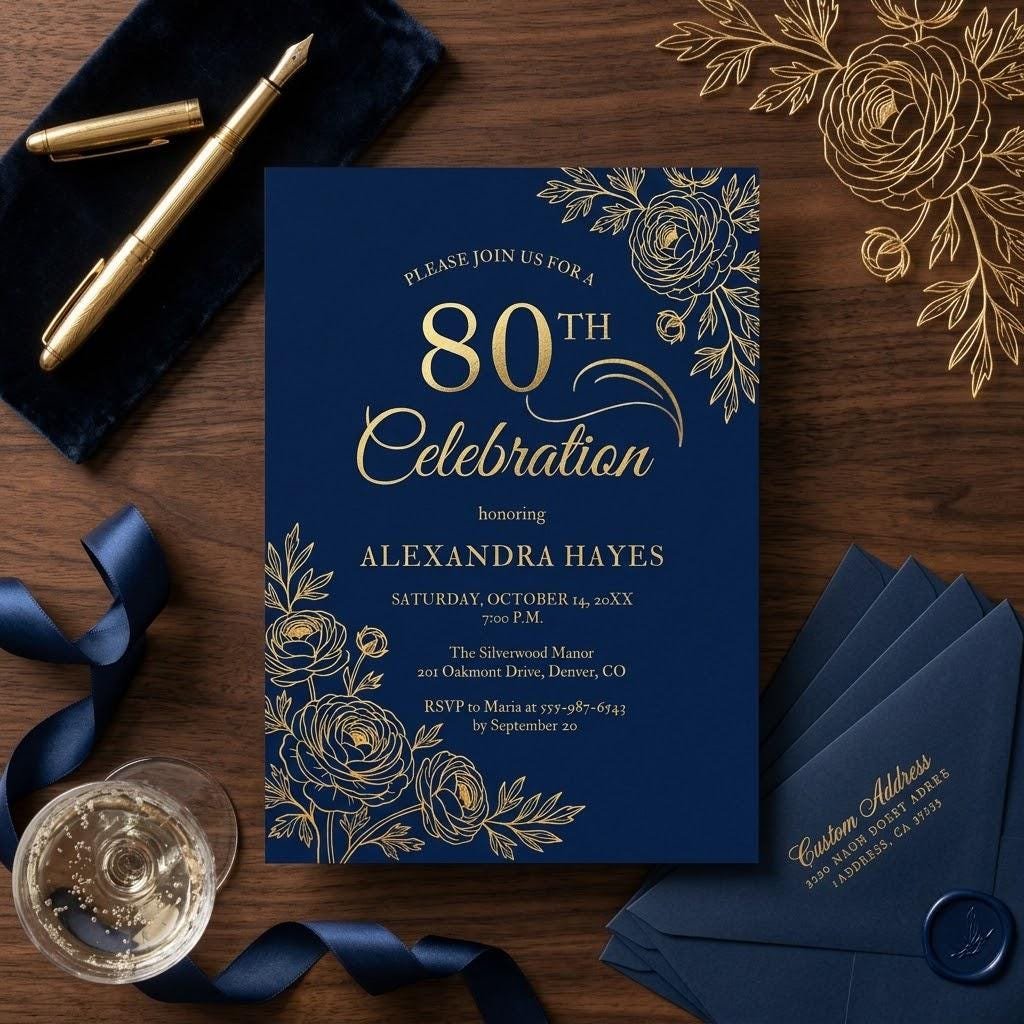 80th Birthday Invitation Navy Blue Gold Floral Template - Image 4