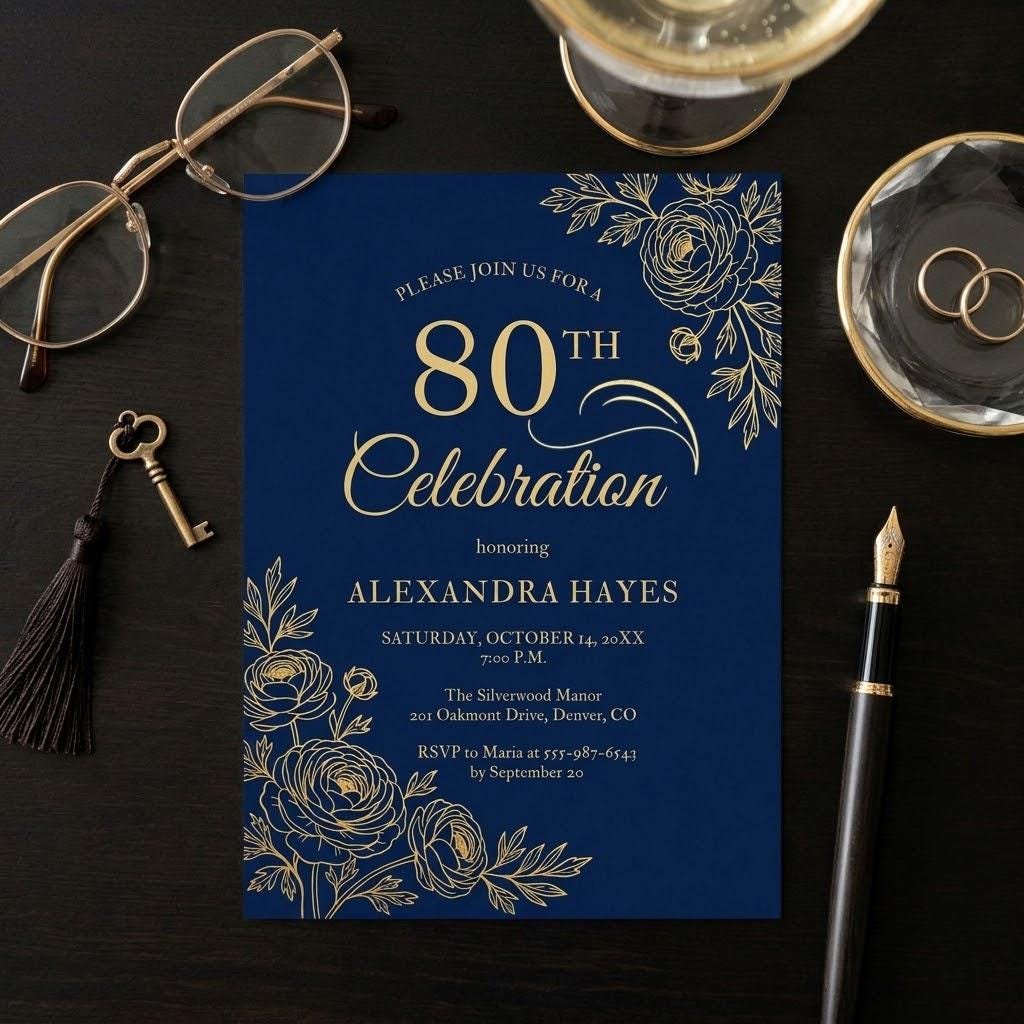 80th Birthday Invitation Navy Blue Gold Floral Template - Image 5