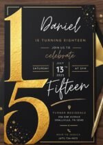 15th Birthday Invitation Editable Canva Template - Black Gold
