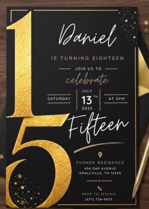 15th Birthday Invitation Editable Canva Template - Black Gold