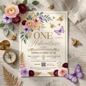 First Birthday Invitation Floral Canva Template Download