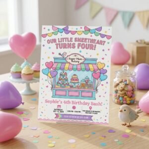 4th Birthday Invitation Bakery Theme | Editable Canva Template