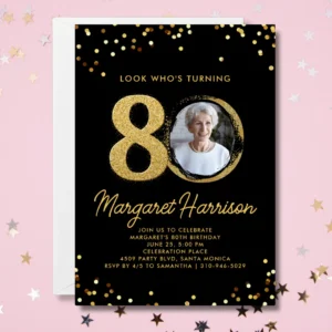 Elegant 80th Birthday Invitation with Gold Glitter Confetti