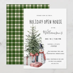 Festive Christmas Party Invitation with Snowman & Tree