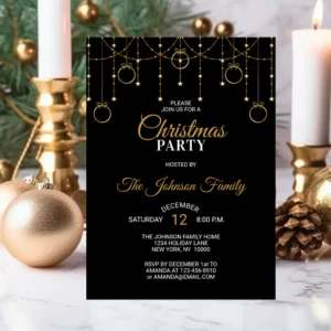 Elegant Black Gold Christmas Party Invitation Card