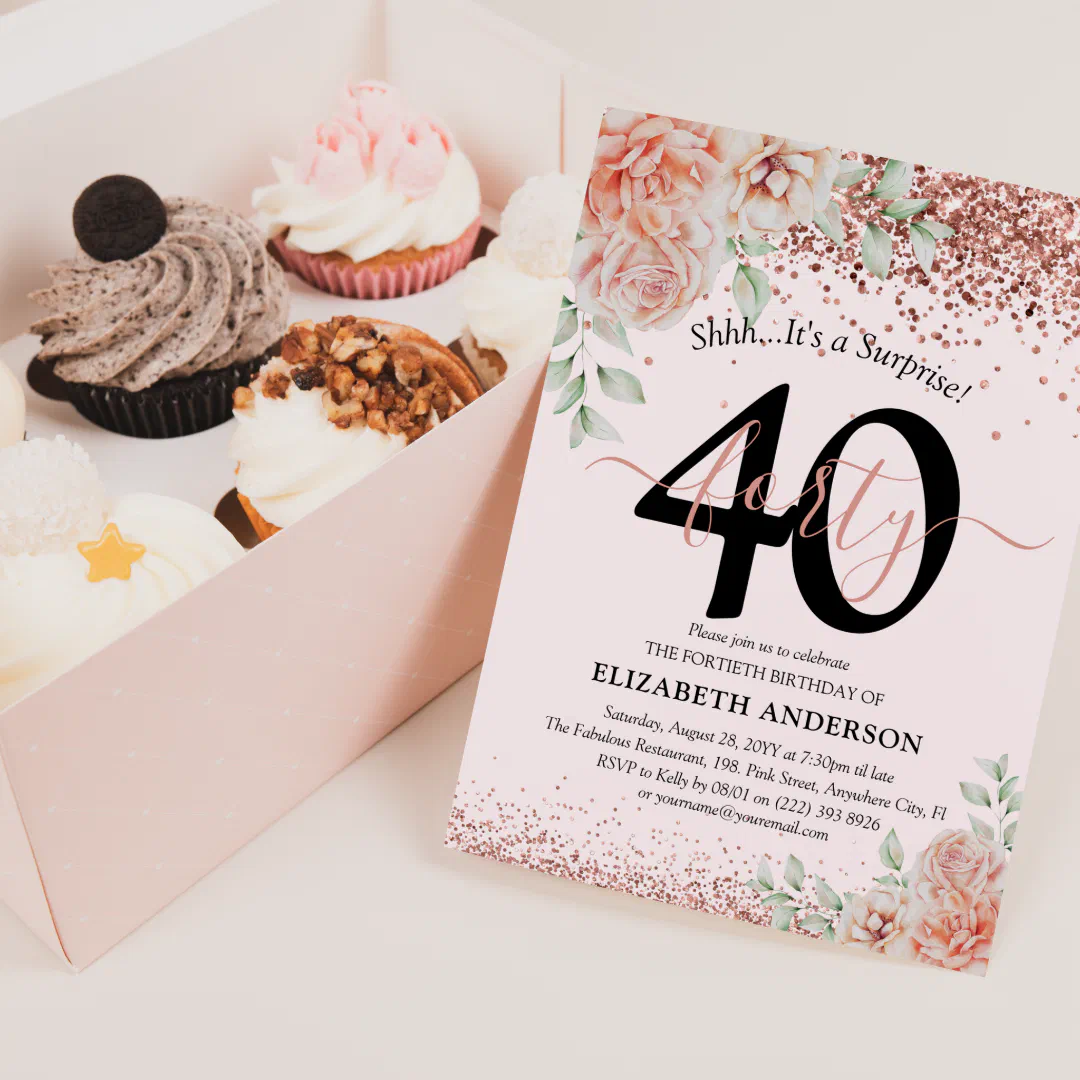 Elegant Pink Floral 40th Birthday Invitation Card