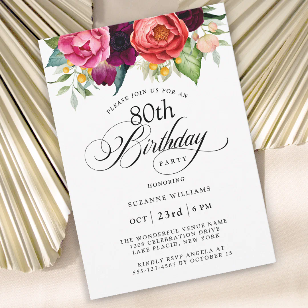 Elegant Rustic Watercolor 80th Birthday Invitation