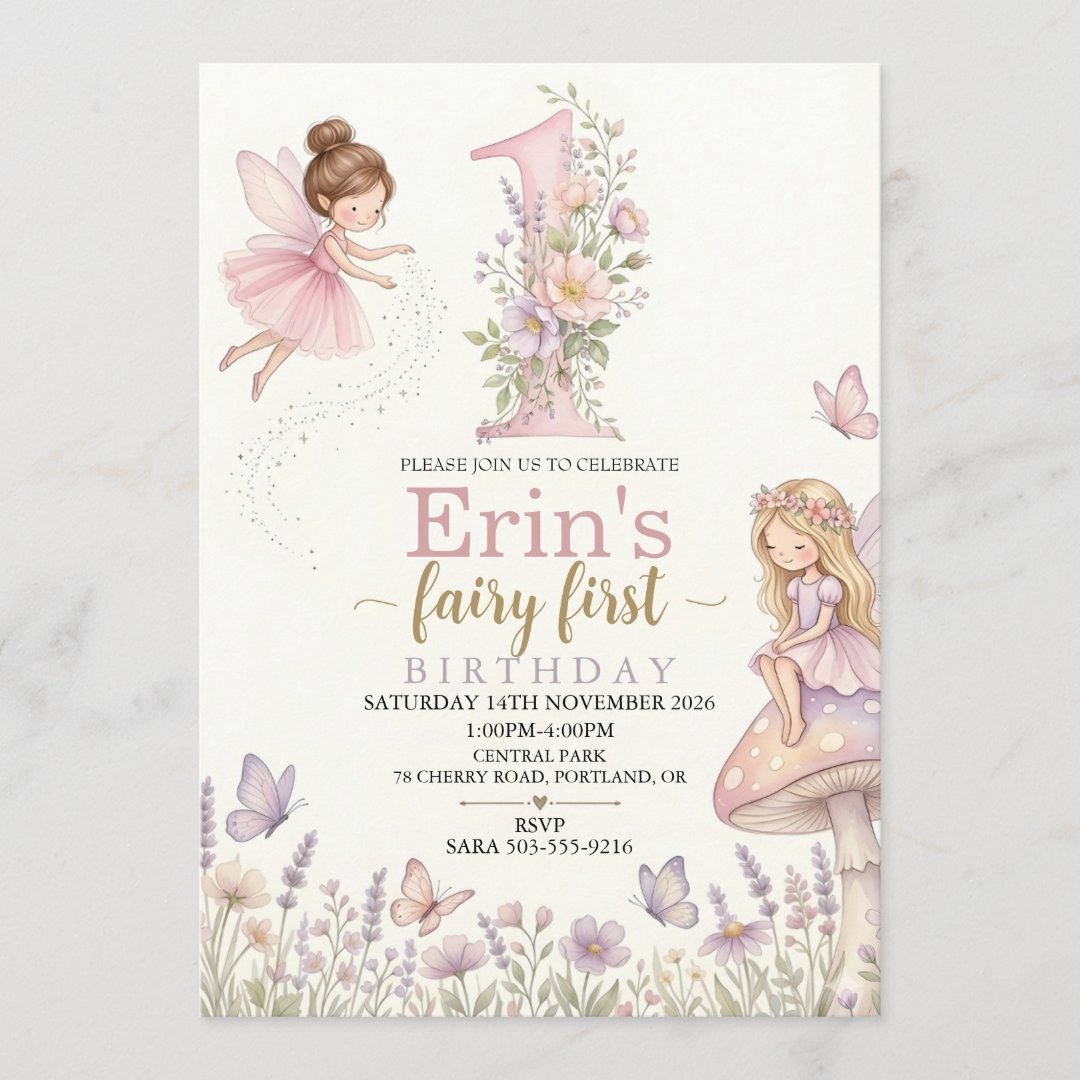 Fairy Birthday Invitation for Girls | Pink First Birthday Invite