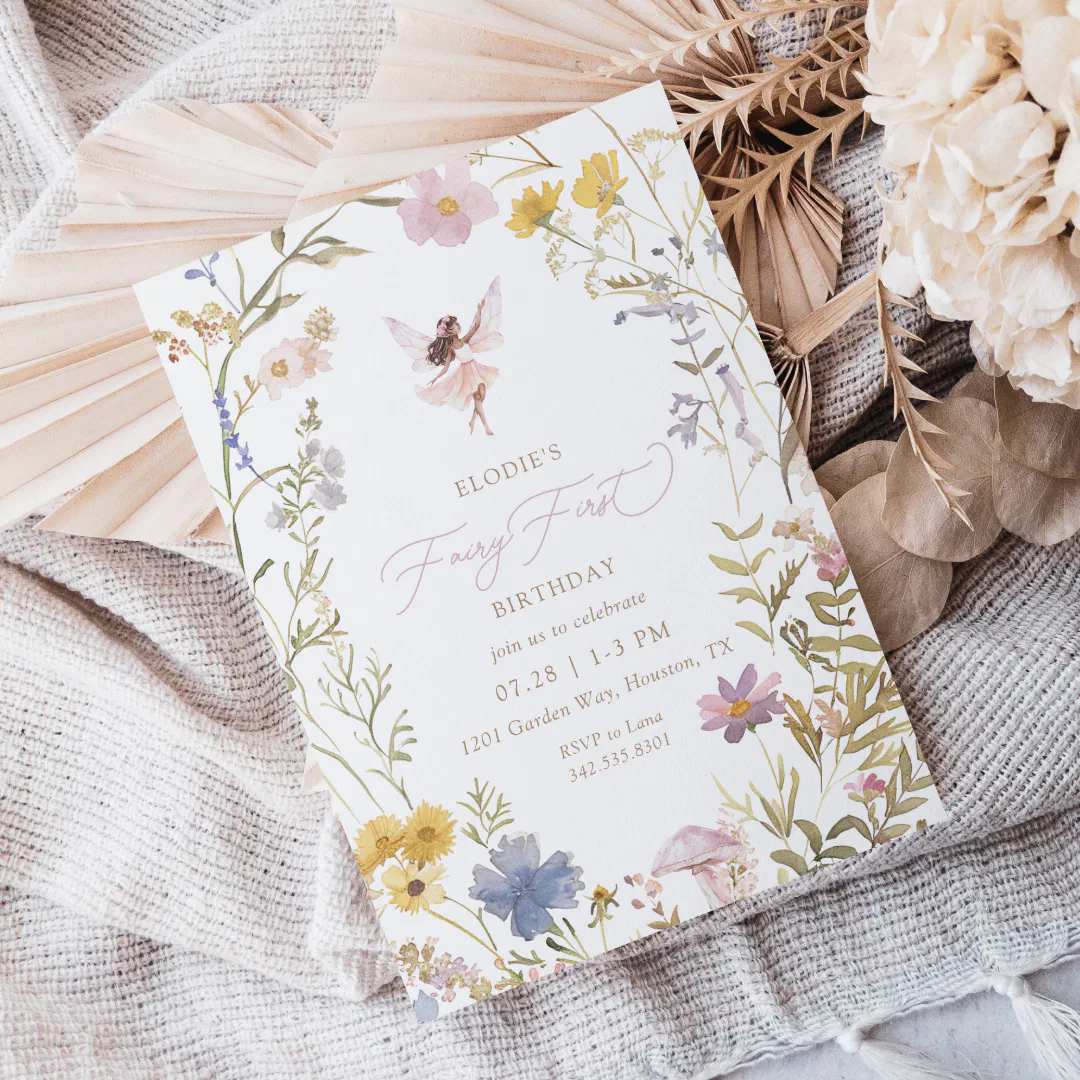 Fairy Watercolor Floral 1st Birthday Invitation