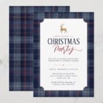 Navy Blue Plaid Gold Reindeer Christmas Party Invitation