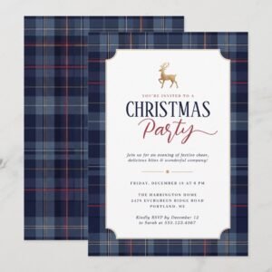 Navy Blue Plaid Gold Reindeer Christmas Party Invitation